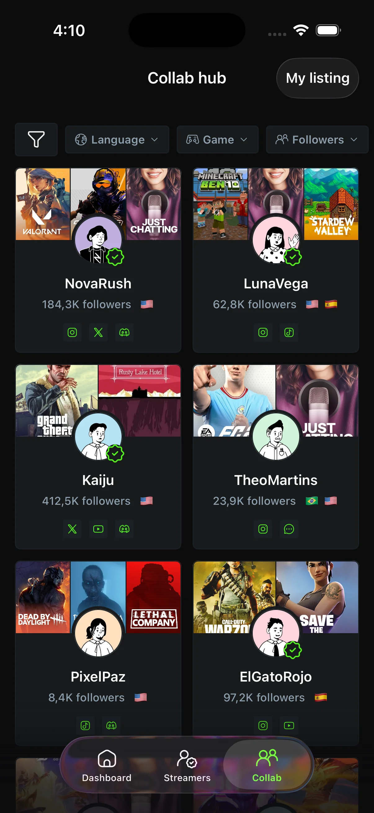 Collab hub directory of streamers, filterable by language, game and followers