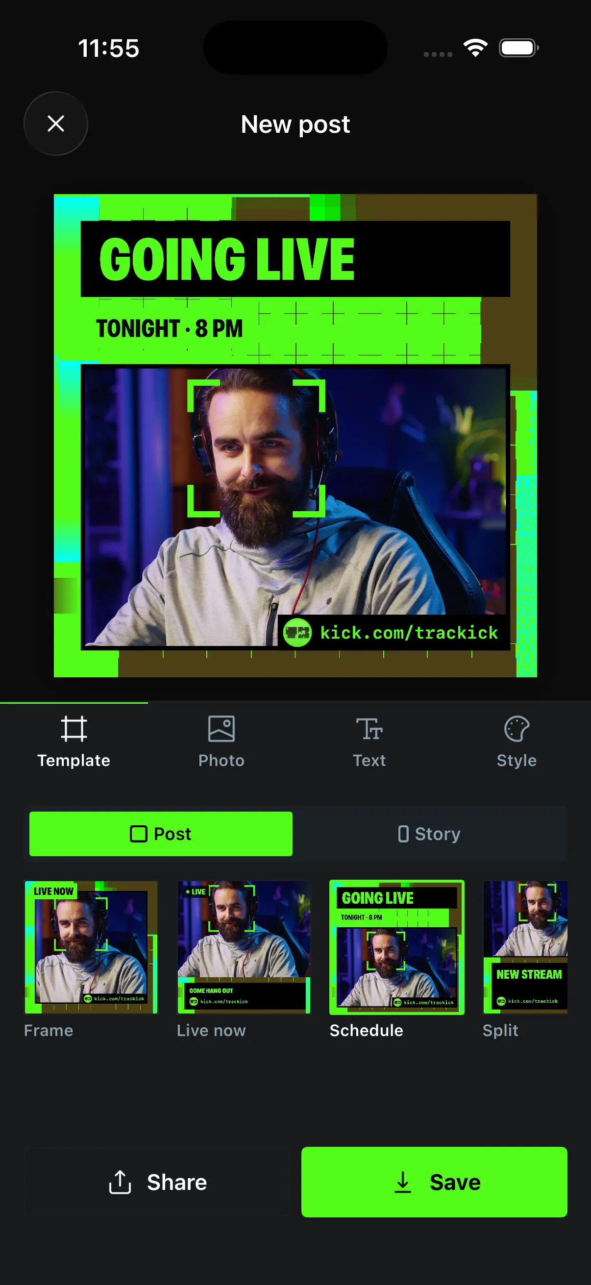 New post editor with a Going live tonight template, plus Live now, Schedule and Split templates in Post and Story sizes